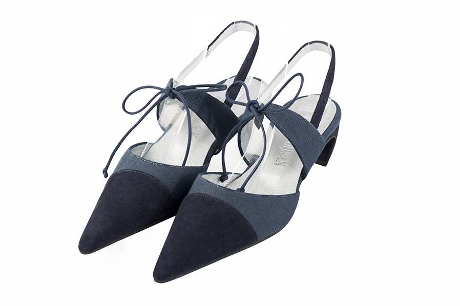 Navy blue women's open back shoes, with an instep strap. Pointed toe. Low comma heels. Front view - Florence KOOIJMAN